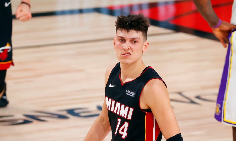 LAKE BUENA VISTA, FLORIDA - OCTOBER 04: Tyler Herro #14 of the Miami Heat reacts during the fourth quarter against the Los Angeles Lakers in Game Three of the 2020 NBA Finals at AdventHealth Arena at ESPN Wide World Of Sports Complex on October 04, 2020 in Lake Buena Vista, Florida. NOTE TO USER: User expressly acknowledges and agrees that, by downloading and or using this photograph, User is consenting to the terms and conditions of the Getty Images License Agreement. (Photo by Kevin C. Cox/Getty Images) ORG XMIT: 775569091 ORIG FILE ID: 1278509654