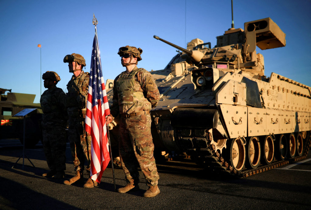 FILE PHOTO: U.S. army soldiers stand in formation during the visit of NATO Secretary General Mark Rutte to the multinational battle group at the Novo Selo training ground, Bulgaria, December 19, 2024. REUTERS/Spasiyana Sergieva/File Photo